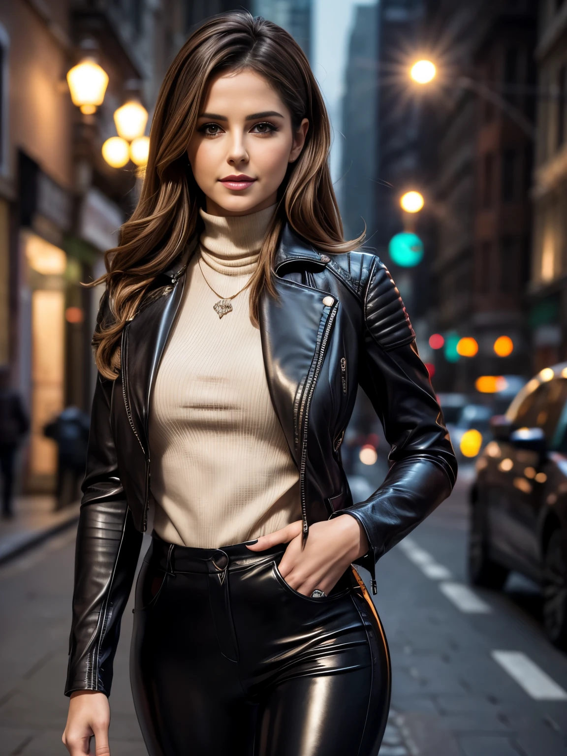 (masterpiece, Best Quality), ultra-detailed, Photorealsitic, full body, a beautiful female model (Cheryl Cole), ((Coordinating sexy leather jackets)), a necklace, Ring Accessories, short brown Hair, Perfect face, Beautiful face, enticing, gorgeous eyes, natural make up, red-lips, Dark Eye Makeup, seductive smile, Night city, turtleneck tank top, pvc pants,