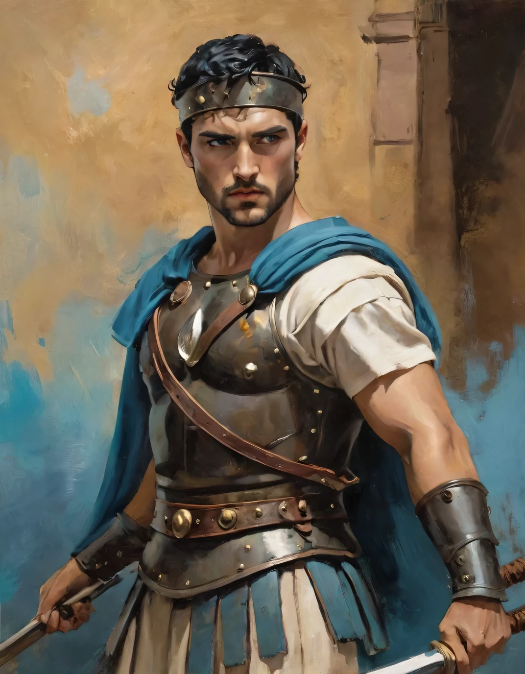 técnica de claro-escuro na ilustração impressionista de um masculino, 2 modelos masculinos italianos, lindo romano, ele é o deus da guerra, he is Ares, Marte, cor do mal, olhar forte, olhos azuis claros, queixo forte, vestido como um gladiador, gladiador antigo, saia gladiadora masculina, pintura fosca, por Harumi Hironaka, cores extremamente suaves, vibrante, pastel, Altamente detalhado, arte digital, Alto contraste, dramático dourado, refinado, tonal, um íntimo, cor titânica