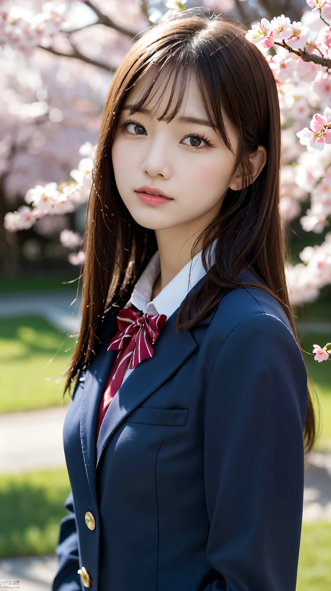 graduation ceremony、high school girl、uniform 、navy blue blazer、Cherry tree in full bloom、Cherry blossom confetti、perfect proportions、cute、((18 year old female:1.2))、young adorable japanese face，official art，Highly detailed CG Unity 8K wallpaper，（masterpiece:1.0),(highest quality:1.0), 超A high resolution,4k,Super detailed, photo shoot, 8K, nffsw, High resolution, kodak portrait 400, film grain, lens flare glow,高いest quality,8K,nffsw:1.2),portrait shot,8K、View viewer