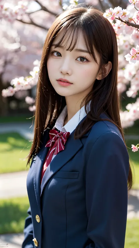 graduation ceremony、high school girl、uniform 、navy blue blazer、cherry tree in full bloom、cherry blossom confetti、perfect proport...