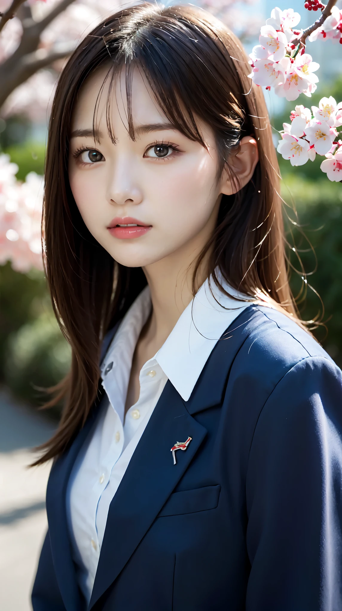 graduation ceremony、high school girl、uniform 、navy blue blazer、Cherry tree in full bloom、Cherry blossom confetti、perfect proportions、cute、((18 year old female:1.2))、young adorable japanese face，official art，Highly detailed CG Unity 8K wallpaper，（masterpiece:1.0),(highest quality:1.0), 超A high resolution,4k,Super detailed, photo shoot, 8K, nffsw, High resolution, kodak portrait 400, film grain, lens flare glow,高いest quality,8K,nffsw:1.2),portrait shot,8K、View viewer