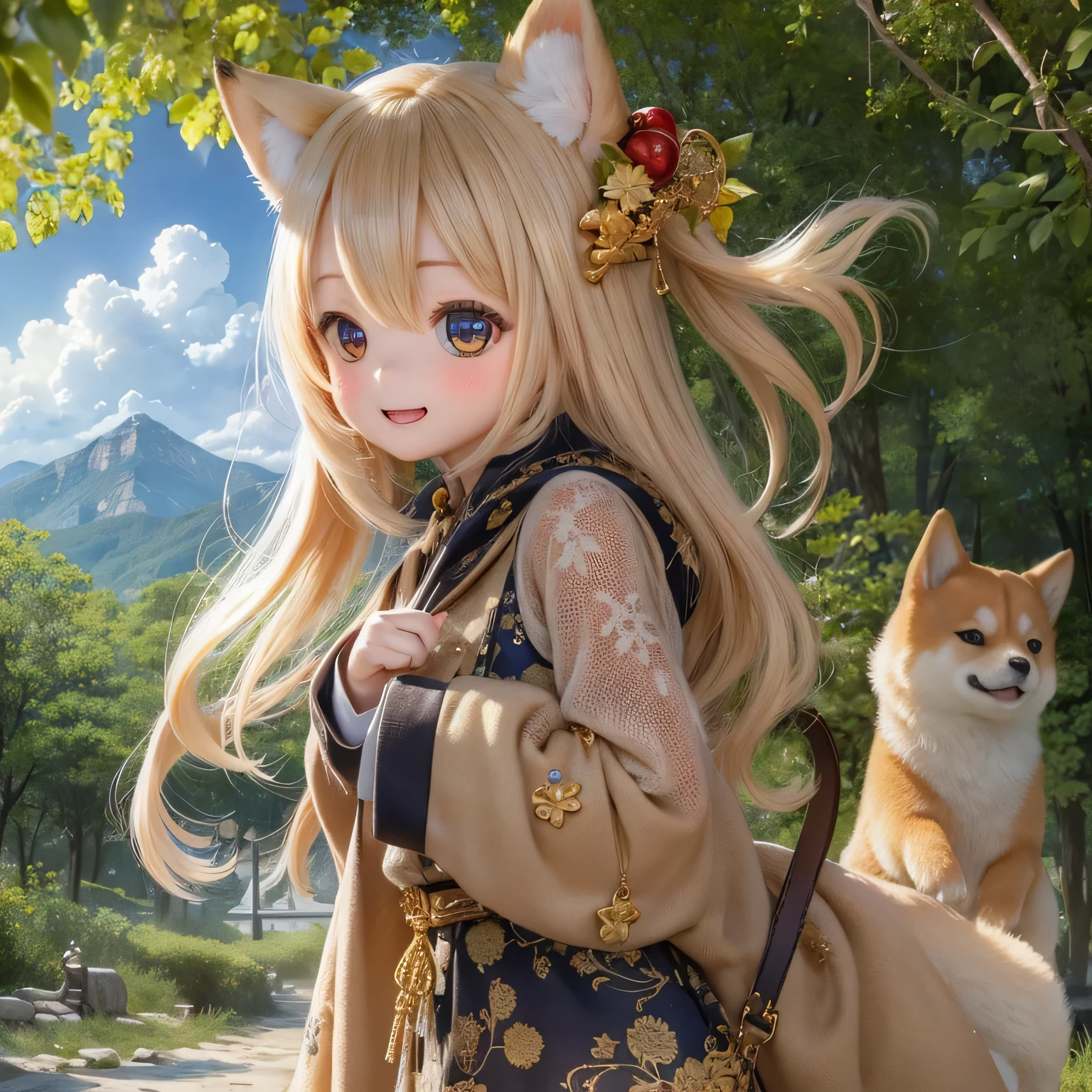 Beaux yeux détaillés, long cils, joli nez boutonné, Lèvres roses, une fille jouant avec un chien Shiba Inu dans un paysage de campagne pittoresque, la chaleur du soleil projette des teintes dorées sur, un chemin sinueux menant aux hautes montagnes, arbres luxuriants debout, une ambiance sereine, la fille portant une robe fluide et un chapeau à larges bords , souriant et montrant de la pure joie dans ses yeux, le Shiba Inu remue la queue et la regarde avec enthousiasme, Créer un lien réconfortant, un sentiment d&#39;aventure et d&#39;exploration dans les airs, les montagnes montrant leur beauté majestueuse, leurs sommets touchent les nuages, le chant des oiseaux et le bruissement des feuilles dans la douce brise, capturer un moment parfait dans le temps, (Meilleure qualité, HDR, ultra-détaillé, Photoréaliste)