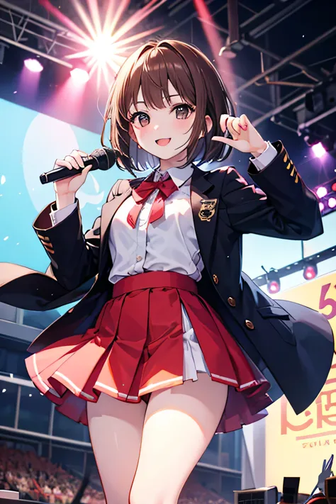 one woman,idol,live venue,tokyo dome,gondola,uniform-style costumes,have a microphone,brown hair bob,thin thighs,small breasts,d...