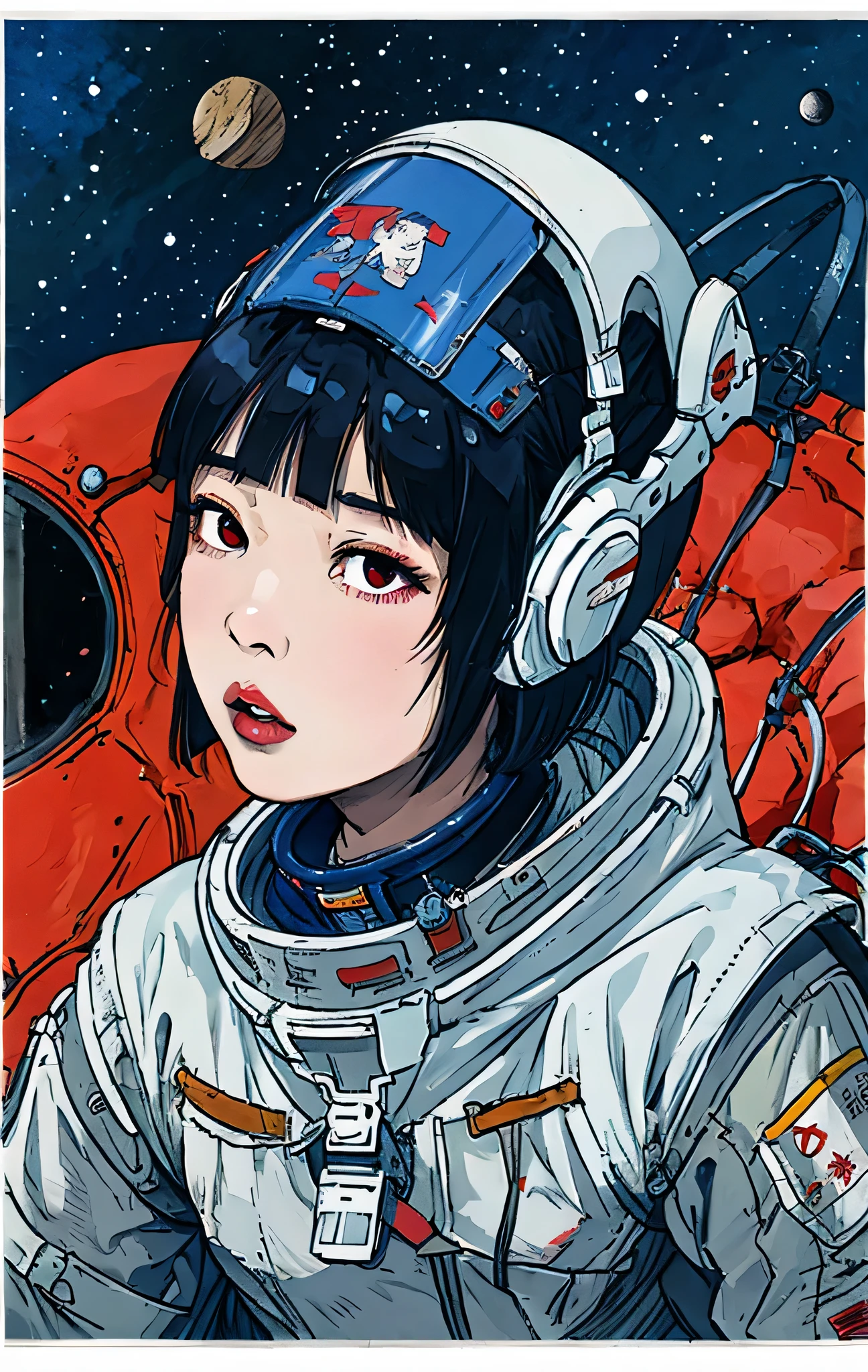 1 girl,flat_chest,cute,beautiful detailed eye,shiny hair,visible through hair,hairs between eye, Chinese Communist  Posters, sovietposter,red monochrome,soviet poster, soviet,Communism,
black_hair,red_eye,vampire,teenage,,Spacesuit:orange_clothing_body:Jumpsuit),white_gloves, white_space shoes, white_Helmet, the CCCP red letters on the top of Helmet, no gravity, side light, reflection, The person wearing the spacesuit is in the bottom left of the frame., The right hand is outstretched, My right hand gently touches the Salyut space station.), Space station on the top right of the screen, Reflection from the sun, silver metal,red flag, shine,ussr style, diffuse reflection, metallic texture, The vista is a blue Earth,mecha style,Sea of stars,Treble, growing up、Ukiyo-e style background、、bondage、female orgasm、she&#39;Orgasm and loss of control.