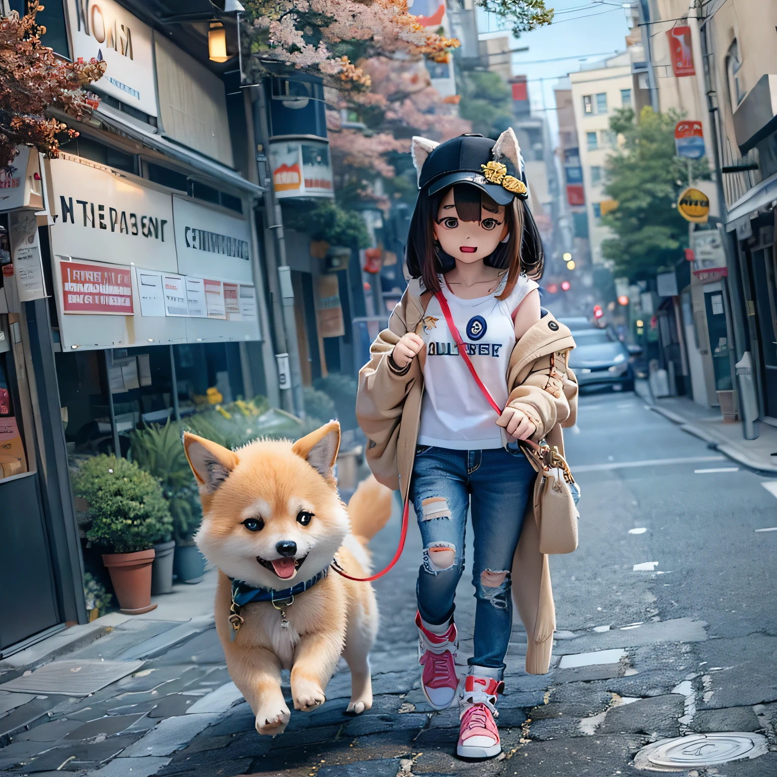 shiba inu girls chibi 与女孩一起牵着绳子散步