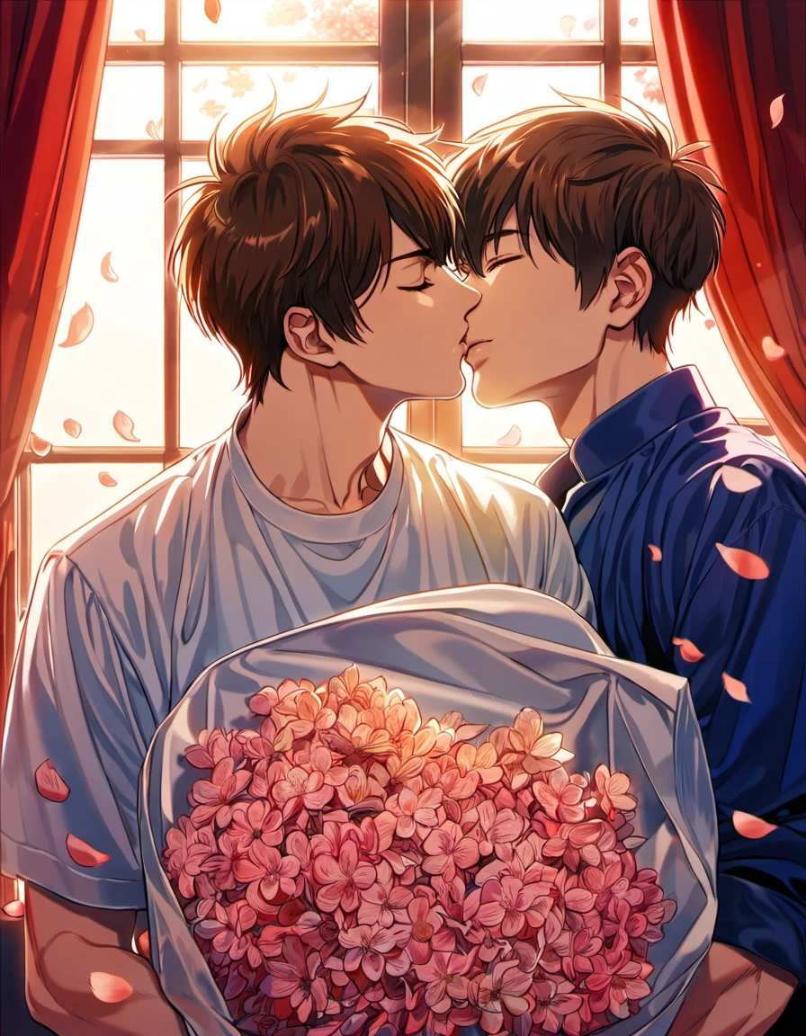 absurdos, alta resolución, ultra detallado, hdr, obra maestra, mejor calidad, Miyuki Kazuya kissing Sawamura Eijun, 2 hombres juntos, pareja homosexual, elegante, Pelo castaño, medium-length Pelo castaño messy and windswept, Ojos cerrados, Diamante sin as, ventana, cortinas rojas, pétalos