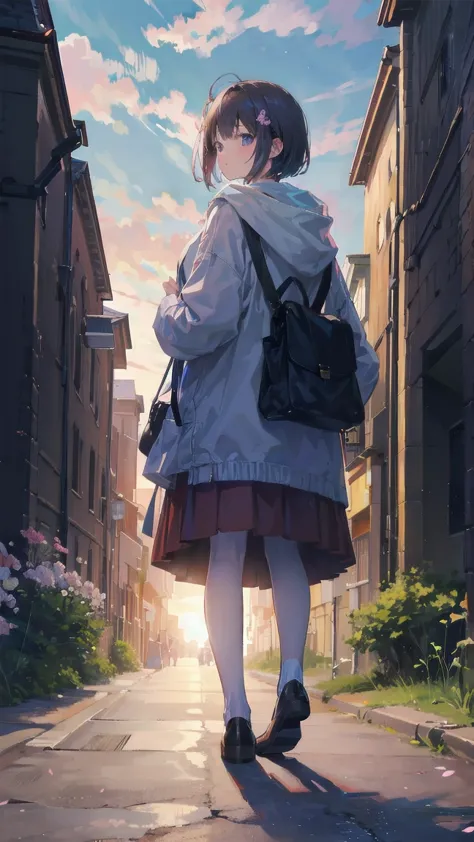見上げるgirl シーン 1: Shadow of cherry blossoms at dusk A girl standing quietly with the sky behind her, of blue color. 彼女の目の前にそびえ立つのは...