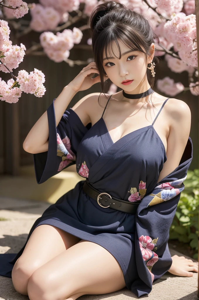 Highest image quality,japanese woman,Beauty,32 years old,Seductive,glossy,hair,(茶色がかった黒hair,前hairは目にかかる位の長さ,長hair,straight hair,ponytail（Fluttering in the breeze）,hairにかんざし),face,(凛としたface立ち,double,Strong and fleeting eyes,Circle earring in left ear),chest（F cup）,destruction,kimono（undershirt,腹部からchest下に晒,Indigo kimono（はだけてchest元がやや露出,（Breasts do not show）,Below the knees exposed,(barefoot））,Obi on top of kimono（Crimson Belt,Black obi clasp,Japanese sword on obi）,Flower pattern on kimono,time,(night),background（sunny,moon,cherry blossoms）,