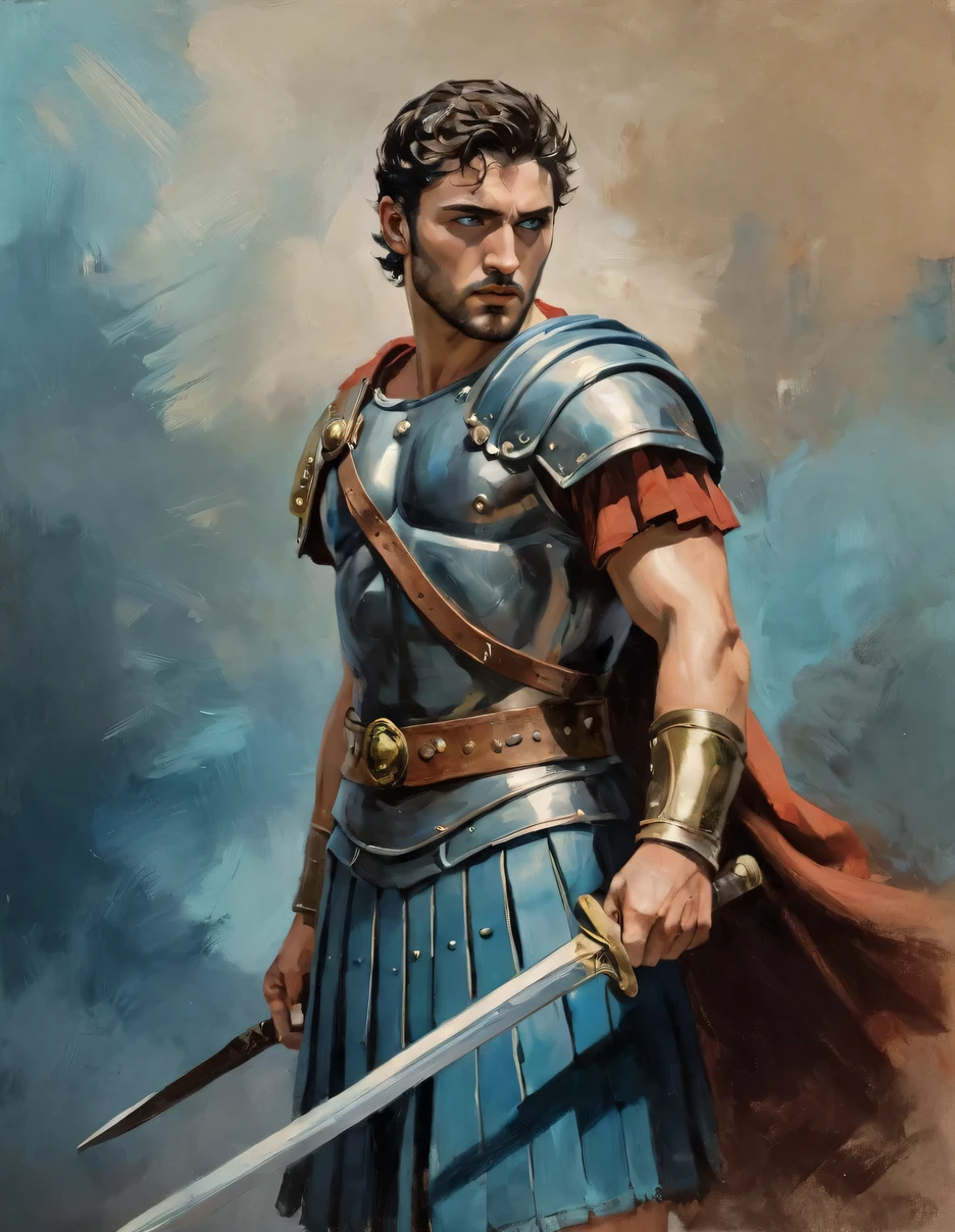 Técnica de claroscuro en la ilustración impresionista de un personaje masculino., 2 Italian male model, guapo romano, el es el dios de la guerra, el es ares, Marte, color malvado, mirada fuerte, ojos azul claro, mandíbula fuerte, vestido de gladiador, ancient gladiator, falda de gladiador masculino, pintura mate, por Harumi Hironaka, colores extremadamente suaves, vibrante, pastel, muy detallado, Obras de arte digitales, alto contraste, dramático dorado, refinado, tonal, un íntimo, color titánico