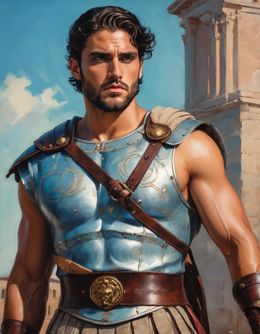 chiaroscuro technique on impressionist illustration of an masculine, 26-year-old Italian male model, handsome Roman, he is the god of war, he is Ares, Mars, evil-color, strong look, light blue eyes, strong jawline, dressed as a gladiator, ancient gladiator, male gladiator skirt, matte painting, by Harumi Hironaka, extremely soft colors, vibrant, pastel, highly detailed, digital artwork, high contrast, golden dramatic, refined, tonal, an intimate, titanic cinematic color theme