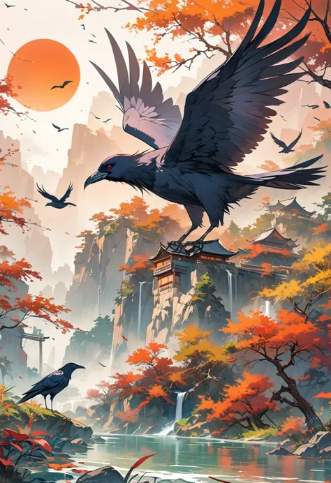 a chinese painting， chinese background，(1 crow:1.3)，in the sun，golden red sun，mountains， xiangyun， masterpiece， ultra-detailed， ...