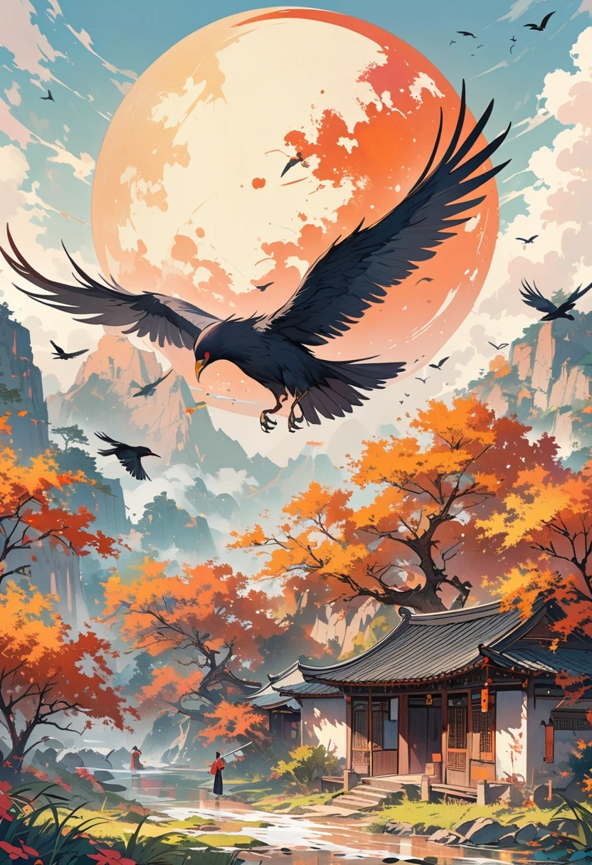 a chinese painting， Chinese background，1 crow，In the sun，golden red sun，mountains， Xiangyun， masterpiece， Ultra-detailed， epic work， ultra high definition， high quality， Very detailed， official art， unity 8k wallpaper， Ultra-detailed， 32k