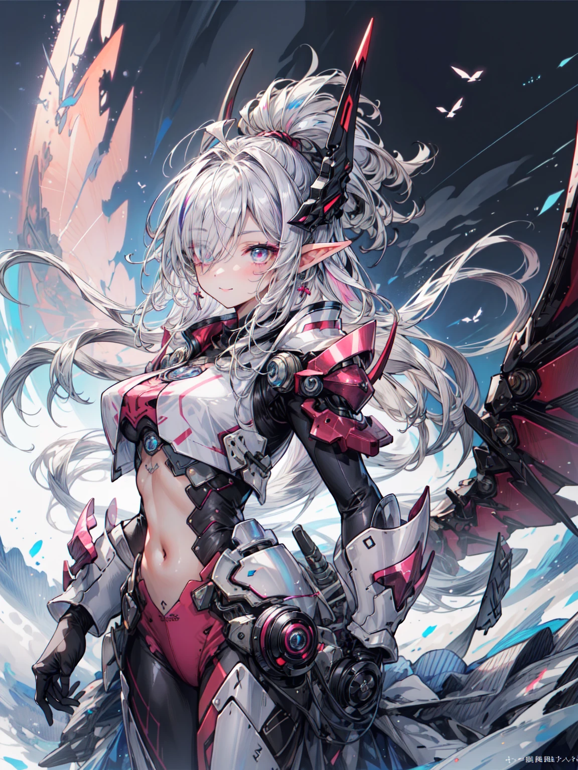 (masterpiece, highest quality, highest quality, official art, beautiful and aesthetic:), future city, armor, (girl flying in the sky:1.4), Wind, storm, Complex, elegant, very detailed, Smooth, sharp focus, dragon ears, Backlight, 8K, Big mecha monster on the background, night, (dark environment), Blake、（dark elf), (1 girl), alone, perfect face, get used to it, Ahoge, ((long hair:1.2)), (hair above one eye:1.3), [[messy hair]], Shiny blonde white hair, purple eyes, multicolored eyes, colorful hair, shining eyes, (eyelash, eye shadow, pink eye shadow), bright, smile, design art by Mikimoto Haruhiko, by Kawashi, By Yoshitaka Amano