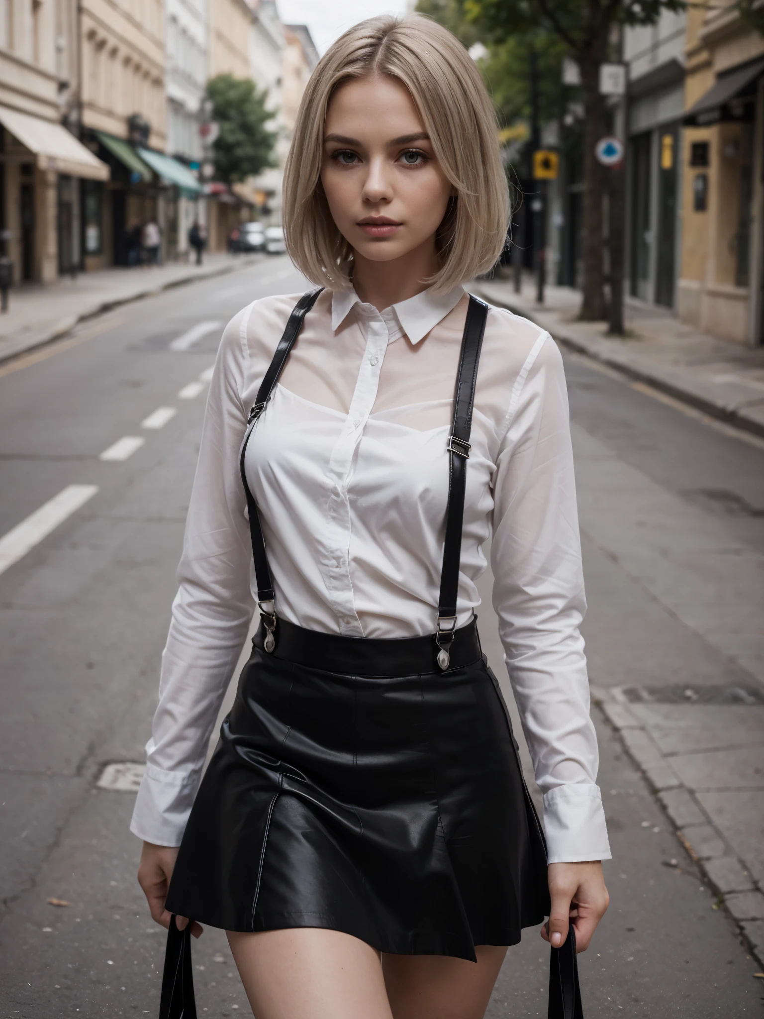 (best quality, high quality, sharp focus:1.4), european beautiful woman, ash white hair, shirt, empty street, (black skirt with suspenders:1.2), black skirt