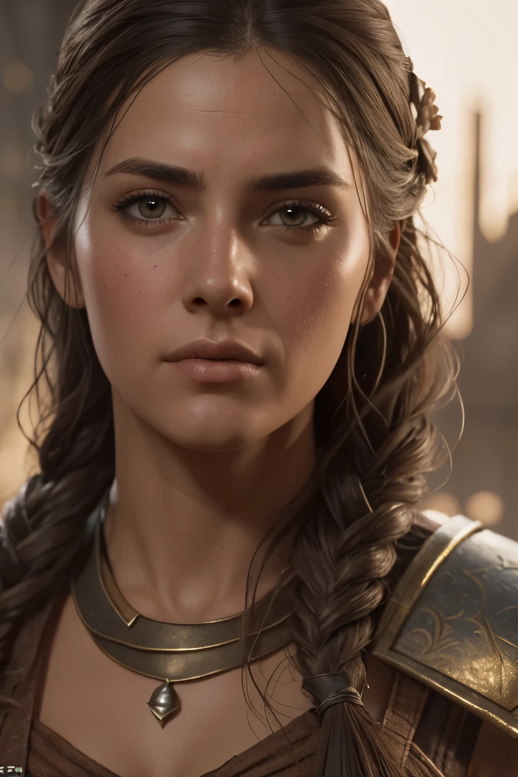 Univers Kassandra Assassin&#39;s Creed extrêmement détaillé,lèvres détaillées, yeux détaillés, cils détaillés, Visage détaillé, peau texturée, éclairage super détaillé, photo du milieu du corps, 