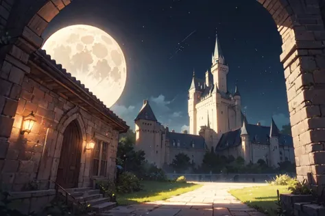 (no human), background, hogwarts, (detailed castle:1.3), ancient castle, stone walls, in the room, open space, night, moon right...