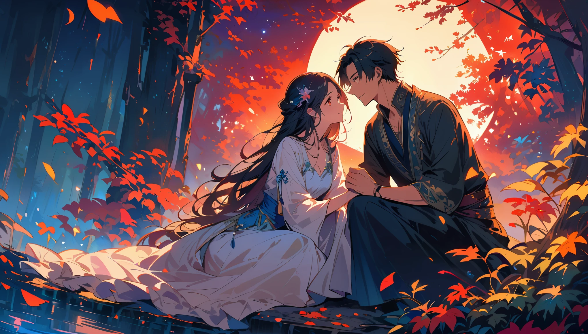 A man and woman sitting on the edge of an ancient fantasy forest, under a full moon in a starry sky, surrounded by glowing trees, they look at each other with deep affection as if talking to their hearts " shoot for paradise" from a tv series. The scene is captured using a high-definition camera, highlighting intricate details such as textures, colors, shadows, highlights, and reflections that create depth and realism in the style of a Chinese artist