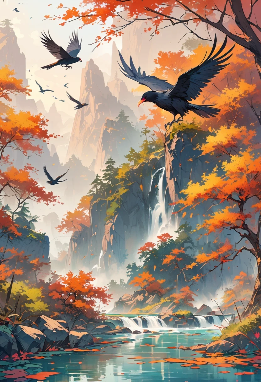 a chinese painting， Chinese background，1 crow，In the sun，golden red sun，mountains， Xiangyun， masterpiece， Ultra-detailed， epic work， ultra high definition， high quality， Very detailed， official art， unity 8k wallpaper， Ultra-detailed， 32k