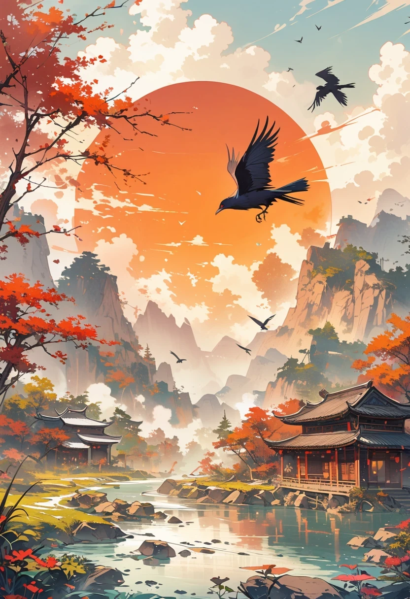 a chinese painting， Chinese background，1 crow，In the sun，golden red sun，mountains， Xiangyun， masterpiece， Ultra-detailed， epic work， ultra high definition， high quality， Very detailed， official art， unity 8k wallpaper， Ultra-detailed， 32k