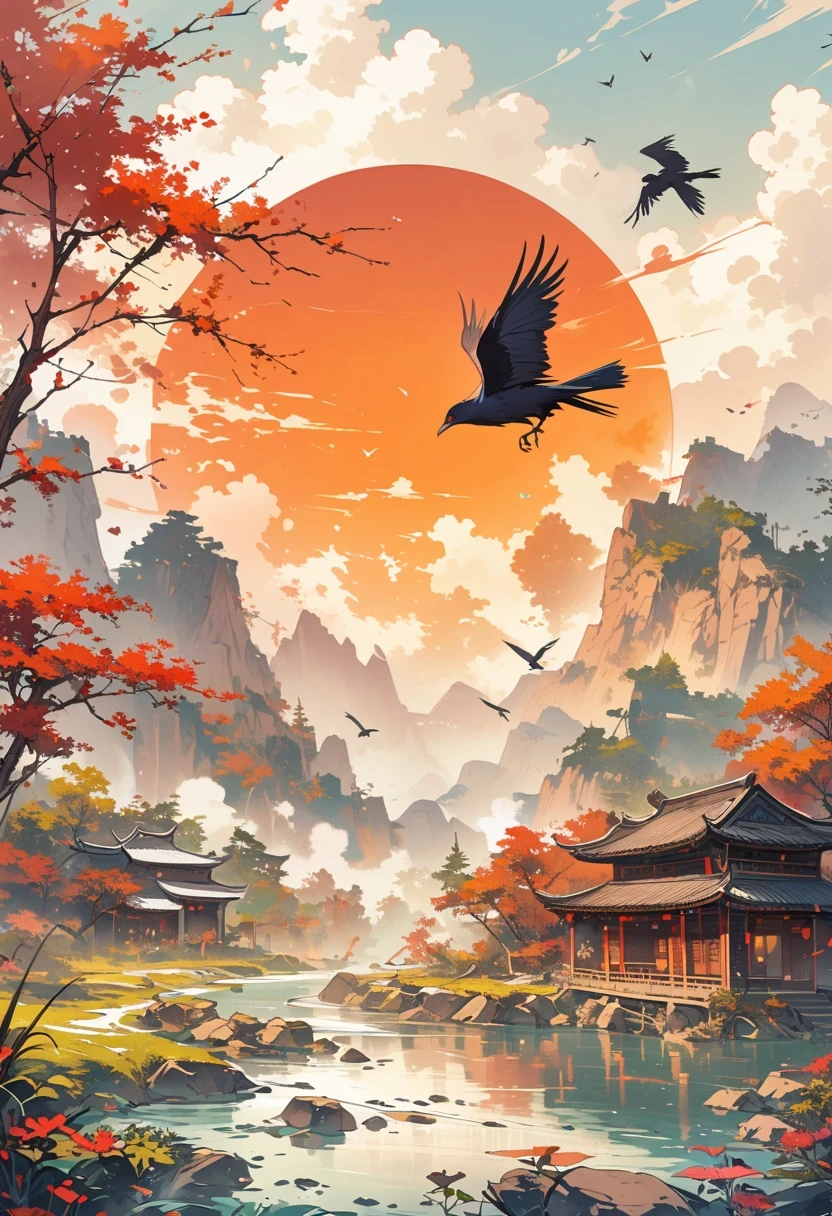 una pintura china， Fondo chino，1 cuervo，en el sol，sol rojo dorado，montañas， Xiangyun， obra maestra， ultra detallado， Trabajo épico， Ultra Alta Definición， alta calidad， Muy detallado， arte oficial， fondo de pantalla de unidad 8k， ultra detallado， 32k