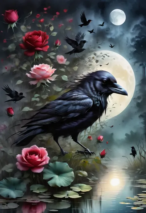（dark atmosphere，Goethe fashion，bright colors），（best quality，Super exquisite，），sexy goth raven，rose garden at night，Crow feathers，black crow，The moonlight reflects her elegant silhouette，Soft shadows and soft highlights，Contrasting colors create a vibrant ...