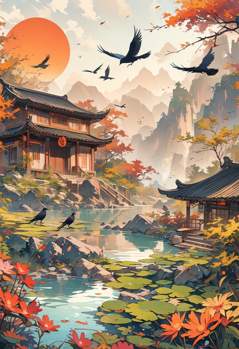 a chinese painting， Chinese background，1 three-legged crow，In the sun，golden red sun，mountains， Rios，Xiangyun， masterpiece， Ultra-detailed， epic work， ultra high definition， high quality， Very detailed， official art， unity 8k wallpaper， Ultra-detailed， 32k