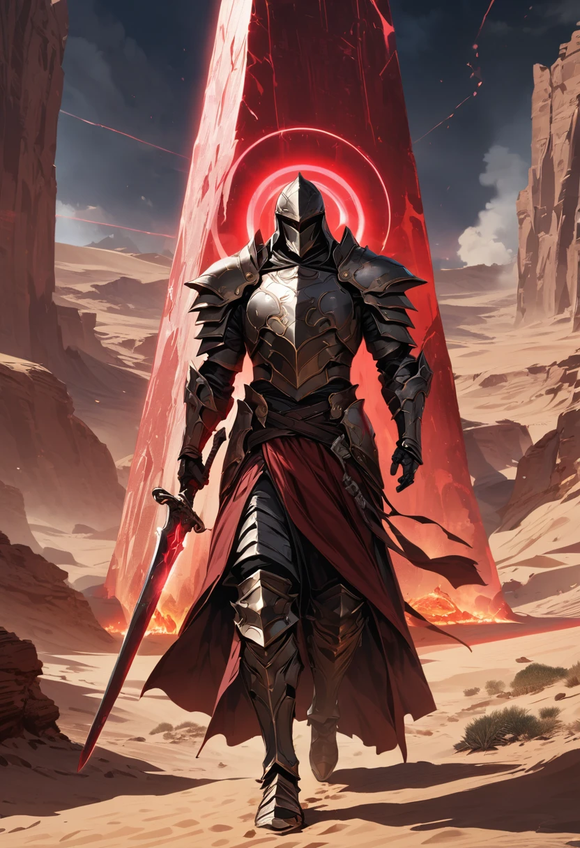 ERD, a man as the Tarnished wearing armor holding a sword in his hands, walking in the desert, in front of a giant glowing stone monument with glowing energy line and glowing red circle on it in the desert, highly detailed, ultra-high resolutions, 32K UHD, best quality, masterpiece, 