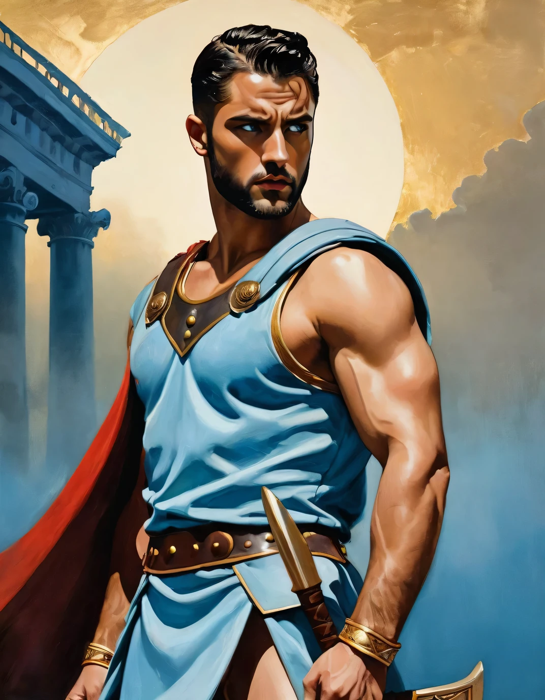 chiaroscuro technique on impressionist illustration of an masculine, 50s male model, handsome Roman, he is the god of war, he is Ares, Mars, evil-color, strong look, light blue eyes, strong jawline, dressed as a gladiator, ancient gladiator, male gladiator skirt, matte painting, by Harumi Hironaka, extremely soft colors, vibrant, pastel, highly detailed, digital artwork, high contrast, golden dramatic, refined, tonal, an intimate, titanic color