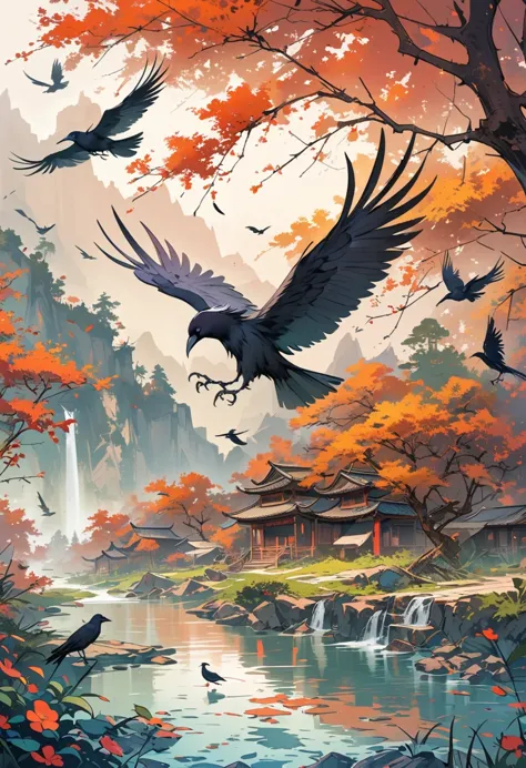 a chinese painting， Chinese background，(1 crow:1.5)，In the sun，golden red sun，mountains， Xiangyun， masterpiece， Ultra-detailed， ...