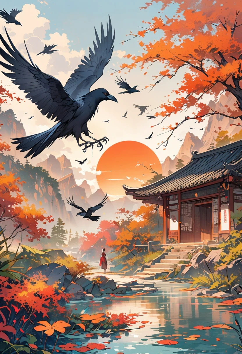 a chinese painting， Chinese background，(1 crow:1.5)，In the sun，golden red sun，mountains， Xiangyun， masterpiece， Ultra-detailed， epic work， ultra high definition， high quality， Very detailed， official art， unity 8k wallpaper， Ultra-detailed， 32k