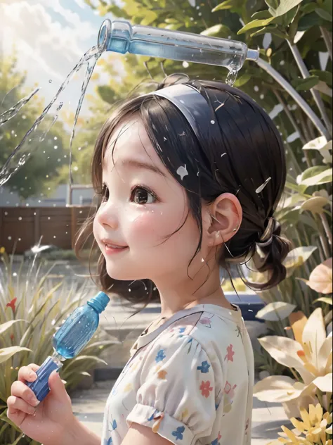 mid summer、girl pouring water from a plastic bottle on her head、water droplets、smile、taken from the side