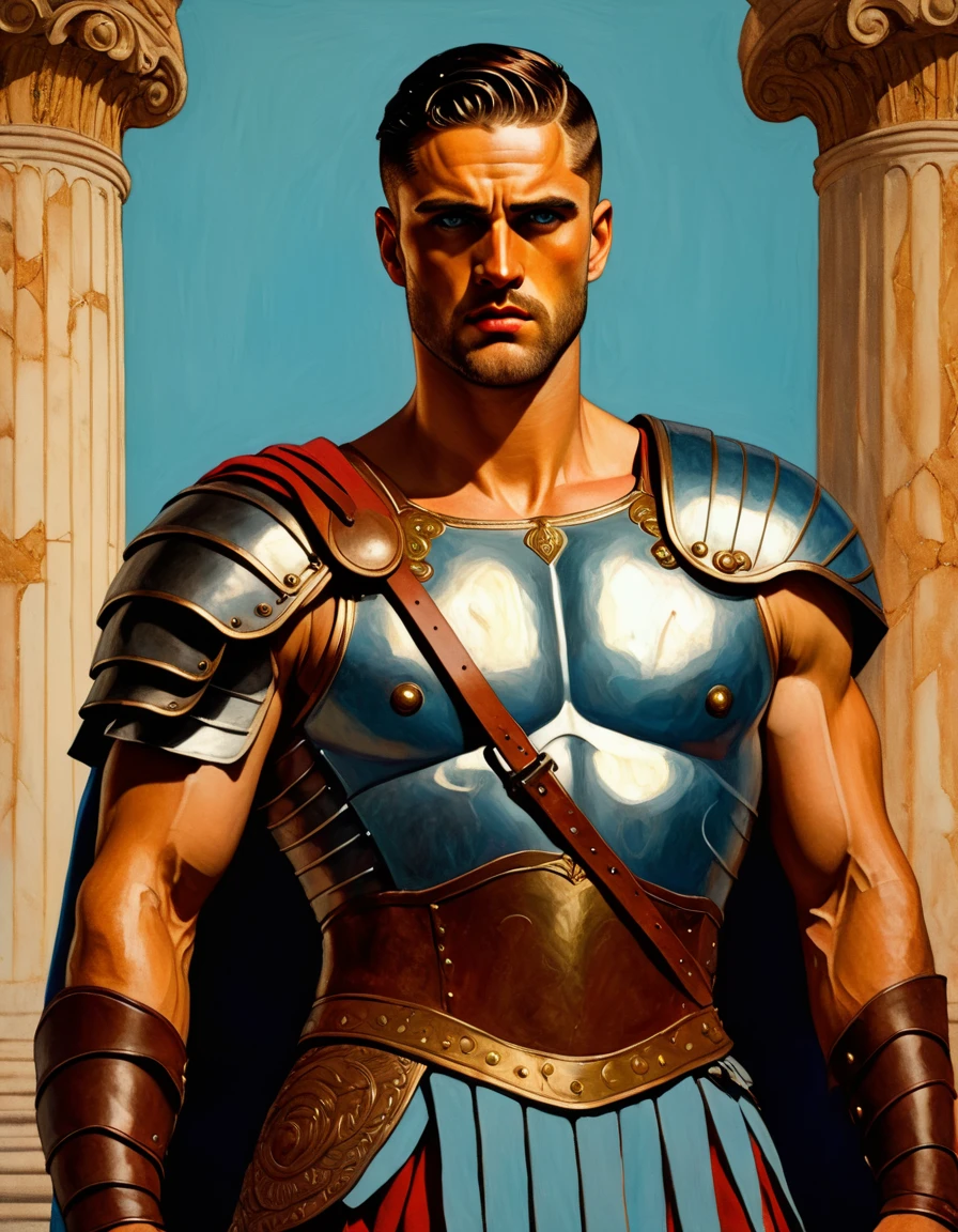 chiaroscuro technique on impressionist illustration of an masculine, Pantheon male model, handsome Roman, he is the god of war, he is Ares, Mars, evil-color, strong look, light blue eyes, strong jawline, dressed as a gladiator, ancient gladiator, male gladiator skirt, matte painting, by Harumi Hironaka, extremely soft colors, vibrant, pastel, highly detailed, digital artwork, high contrast, golden dramatic, refined, tonal, an intimate, titanic color