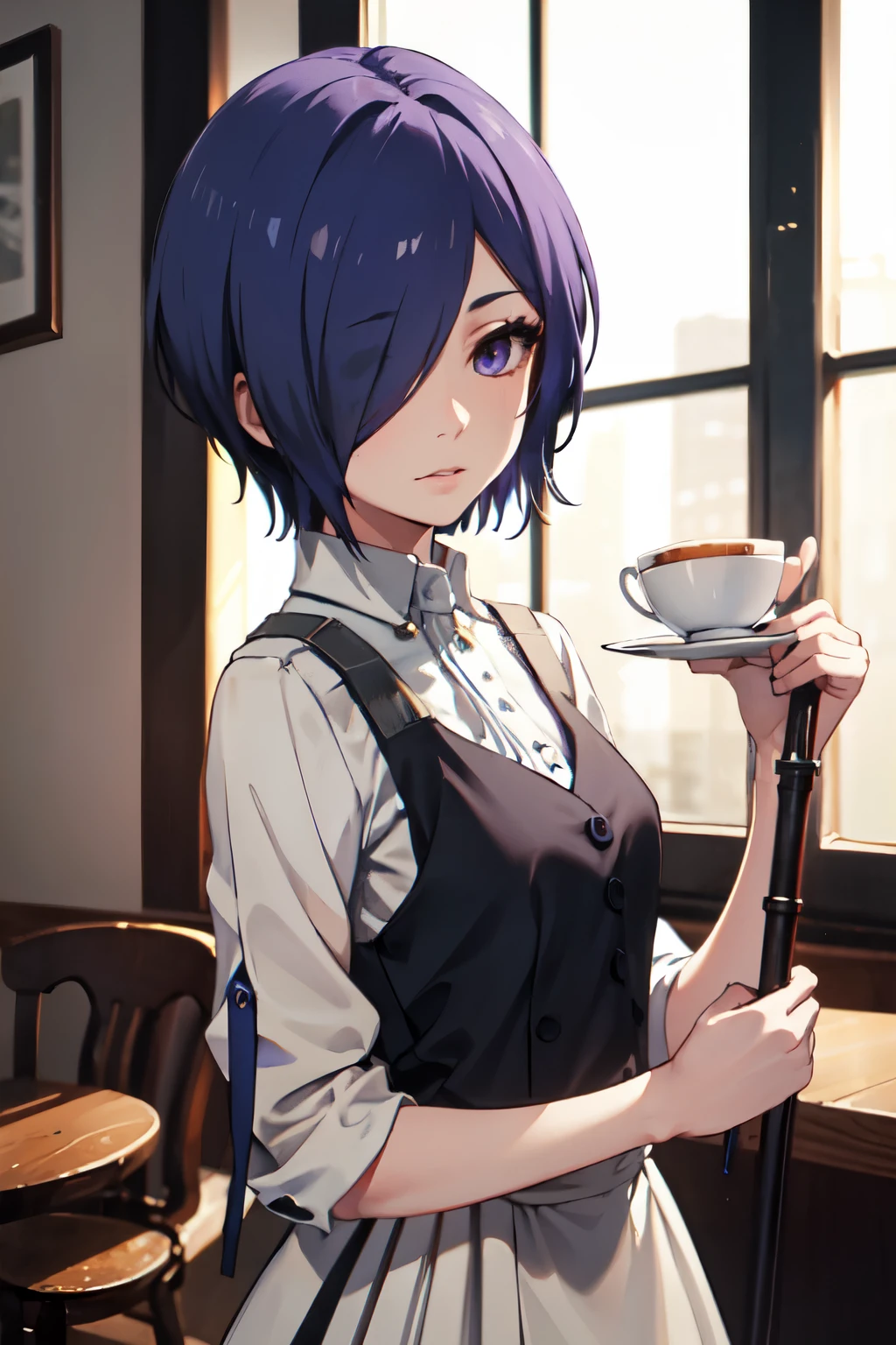 ((best quality)), ((masterpiece)), (detailed), perfect face
Girl, blue-violet hair, blue-violet eyes, cafe waitress, beautiful, kirishima touka from Tokyo ghoul , Short hair covering the left part of her face and her Left eye ، Antique clothing