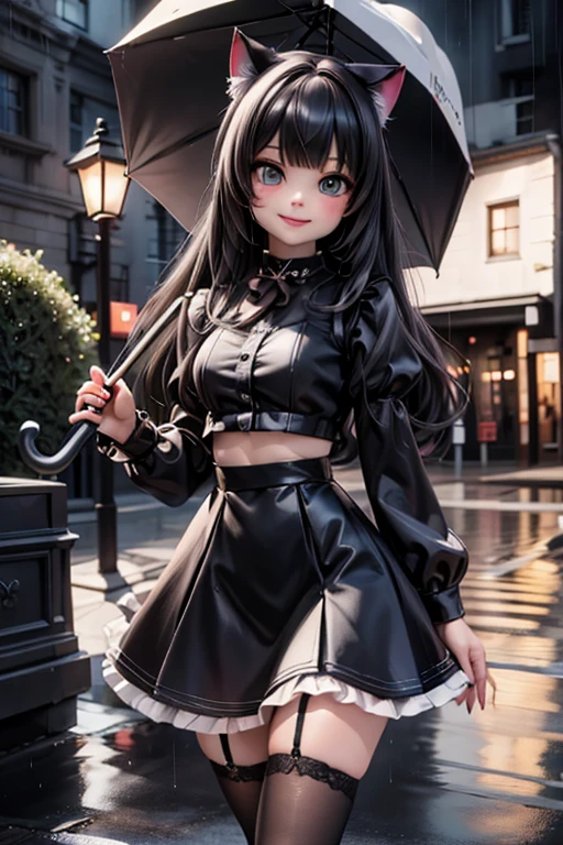 creepy, horror style, a cute demon girl smiling, goth clothing style, lace cloth clothing, wearing a mini ruffled skirt and crop shirt, shirt with short puffy sleeves, nylons, strap pumps, holding an umbrella, floating pose, garden at night