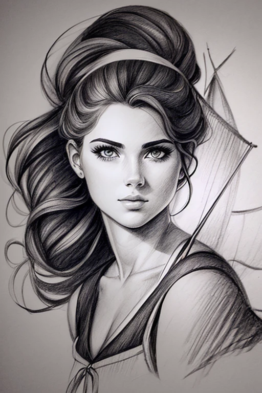Charcoal pencil drawing, 4k, best quality, black and white drawing, drawing of a woman with a sailboat in her hair, drawn in artgerm style, art sketch, realistic sketch, pencil drawing, pencil drawing, black and white drawing white, matte sketch, realism drawing, sketch art, fine art sketch, art sketch, inspired by Artgerm, loose pencil drawing, artistic drawing, pencil drawing, sketchy