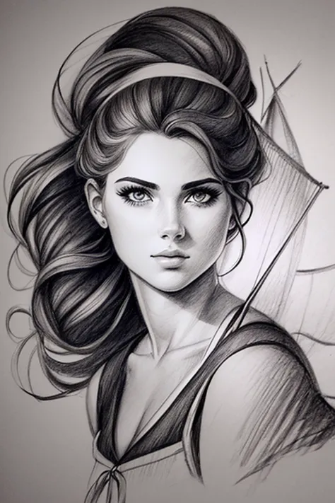 Charcoal pencil drawing, 4k, best quality, black and white drawing, drawing of a woman with a sailboat in her hair, drawn in art...