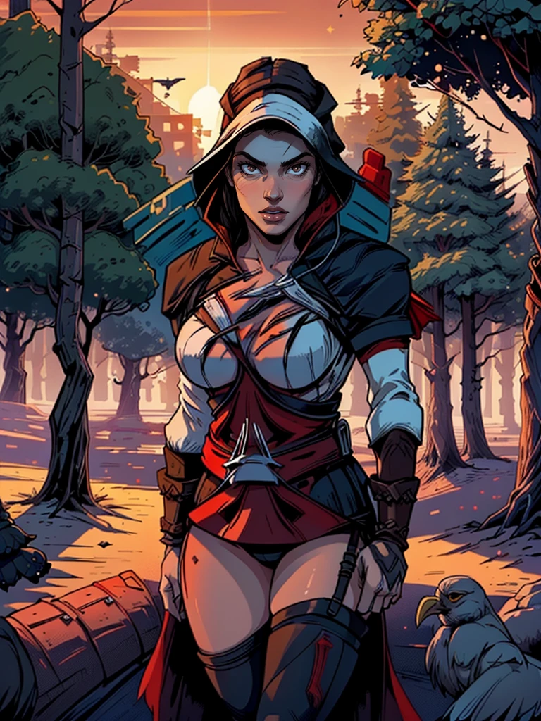 wide shot:1.4, (masterpiece:1.5),(Best quality:1.6), (ultra high resolution:1.4),((beautiful woman in Assassin's Creed style clothing, detailed, holding a crow perched on her hand in the middle of the forest at sunset:1.7)), landscape, vibrant colors, sunrise, sun rays passing through the trees, leaves falling from the trees, dew on leaves and plants, clouds, (( magical, Beautiful, otherworldly, trees :1.4 )), (( Best quality, vibrant, 32k, clear and well-defined shadows)).