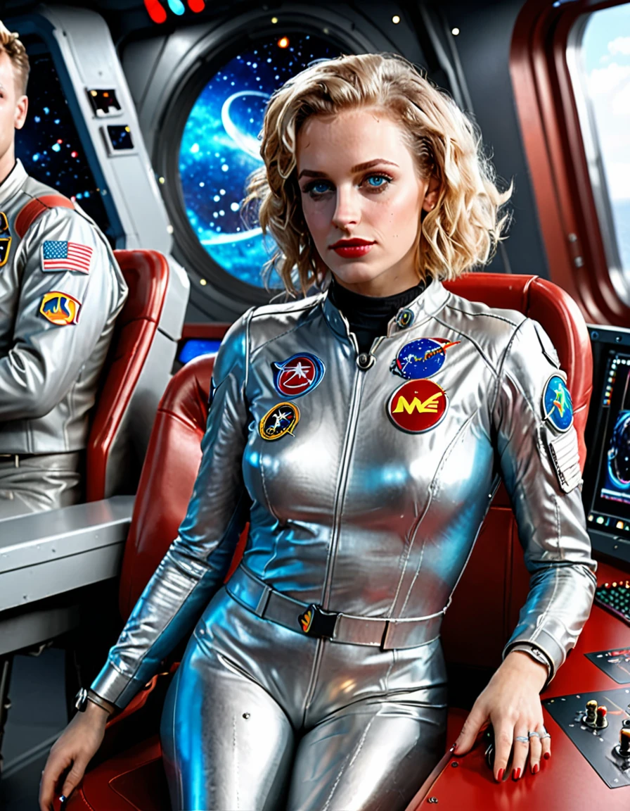 (masterpiece, best quality, illustration, unreal engine 5, official art:1.3), Rich Red color scheme, Don Lawrence hyper realistic picture of 24 yo Blond Haired [Marilynn Monroe:Maude Adams:0.45] as a Female Space Explorer, a technocratic, omnivorous, iridescent, astronaut commander, (sitting in a starbase control room:1.2),detailed face, detailed hair, detailed eyes, perfect fingers, insanely intricate detail, absurdres, 8k