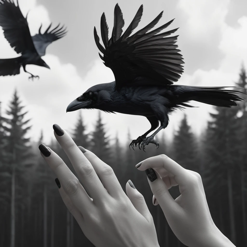 Woman's hand foreground, ring shaped like a flying raven, tattoo of minute crows, background flock of black crows in sky above forest, elegance, splendor, perfection, inspired by @ralphlentjes, chiaroscuro, high contrast, textured, perfect composition, intricately detailed, octane render, trending on ArtStation, 8K artistic photography, photorealistic concept art, soft natural volumetric cinematic, pen and ink precision, immaculate composition, intricate details as seen in octane rendering, High Resolution, High Quality, Masterpiece