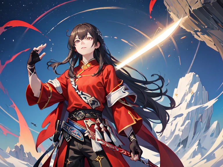 navarre, 1 person, long black hair, boots, belt, side slits, trousers, black pantyhose, Chinese clothes, Gorgeous golden patterns on clothes，red shirt, long sleeve, sheath, sword, brown footwear, Elbow gloves, fingerless gloves, alone, focus, attitude, struggle, stand，solitary，wilderness，blue sky，baiyun，Beautiful scenery，light from above, Dark red thin sword，male，male
