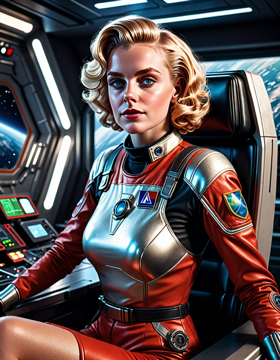 (masterpiece, best quality, illustration, unreal engine 5, official art:1.3), Rich Red color scheme, Don Lawrence hyper realistic picture of 24 yo Blond Haired [Marilynn Monroe:Maude Adams:0.45] as a Female Space Explorer, a technocratic, omnivorous, iridescent, astronaut commander, (sitting in a starbase control room:1.2),detailed face, detailed hair, detailed eyes, perfect fingers, insanely intricate detail, absurdres, 8k