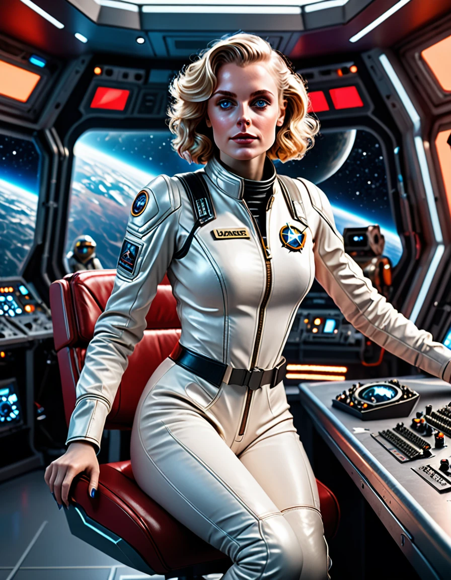 (obra de arte, melhor qualidade, ilustração, motor irreal 5, Arte oficial:1.3), Esquema de cores vermelho rico, Imagem hiper-realista de Don Lawrence de cabelos loiros de 24 anos [Marilynn Monroe:Maude adams:0.45] como uma exploradora espacial feminina, um tecnocrático, onívoro, iridescente, comandante astronauta, (sentado em uma sala de controle de base estelar:1.2),rosto detalhado, cabelo detalhado, olhos detalhados, dedos perfeitos, detalhes incrivelmente intrincados, absurdos, 8K