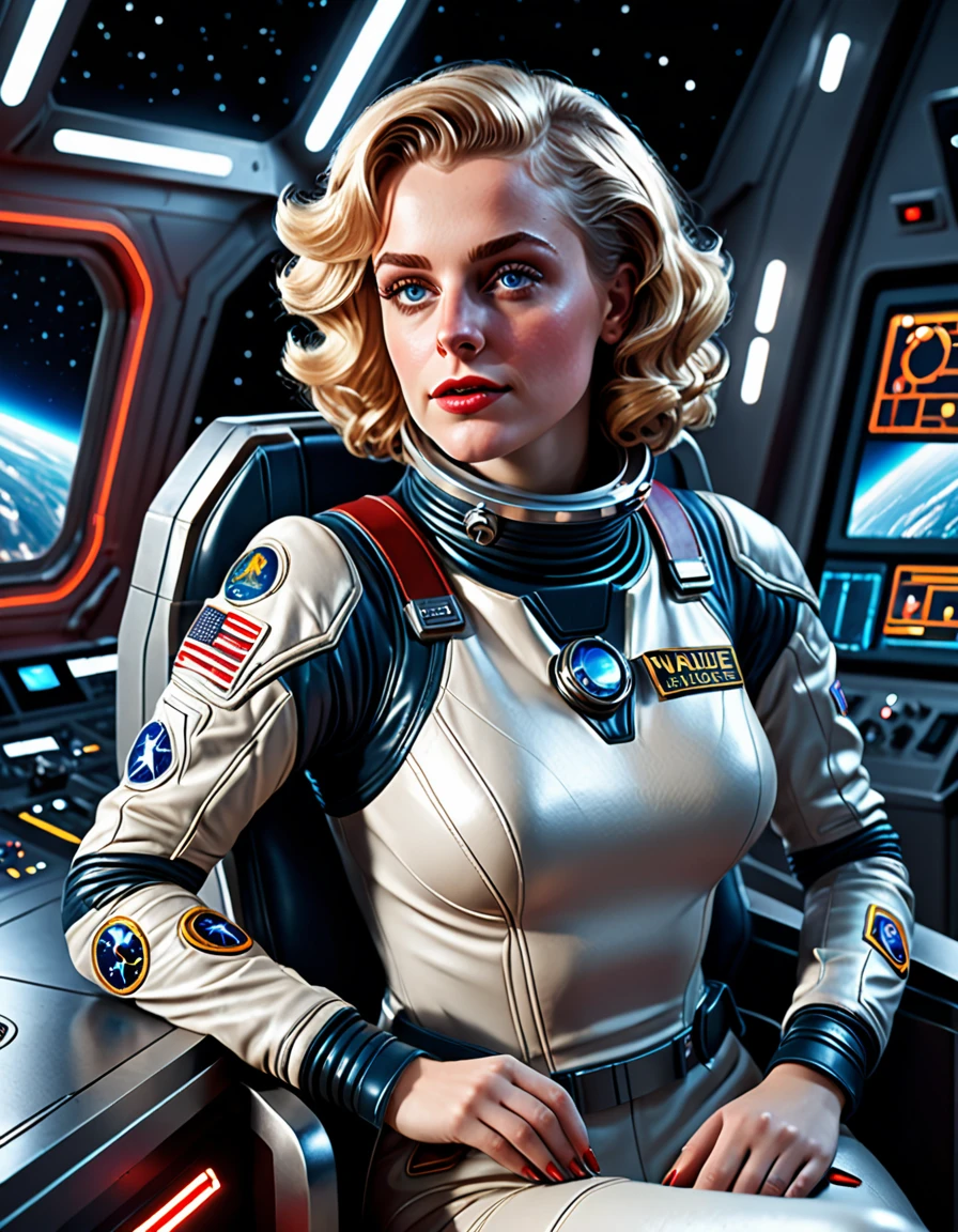 (obra de arte, melhor qualidade, ilustração, motor irreal 5, Arte oficial:1.3), Esquema de cores vermelho rico, Imagem hiper-realista de Don Lawrence de cabelos loiros de 24 anos [Marilynn Monroe:Maude adams:0.45] como uma exploradora espacial feminina, um tecnocrático, onívoro, iridescente, comandante astronauta, (sentado em uma sala de controle de base estelar:1.2),rosto detalhado, cabelo detalhado, olhos detalhados, dedos perfeitos, detalhes incrivelmente intrincados, absurdos, 8K