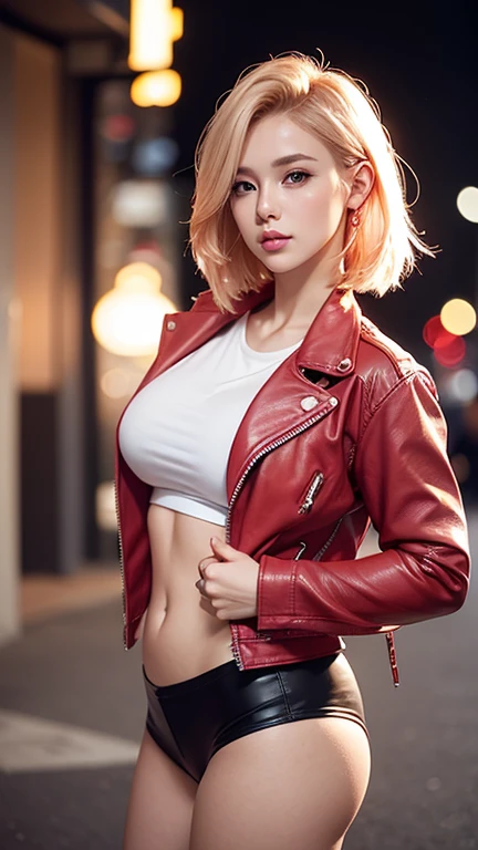 1 chica con camiseta corta roja de manga con cuello profundo, chaqueta de cuero de gran tamaño, pelo corto rubio rosado ,efecto bokeh ligero, Linda pose elegante, pose atractiva, hermosa cara y figura, luz suave, medium long body shot ,elegant pose ,hermoso vientre pecho, pechos grandes