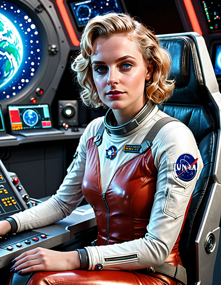 (masterpiece, best quality, illustration, unreal engine 5, official art:1.3), Rich Red color scheme, Don Lawrence hyper realistic picture of 24 yo Blond Haired [Marilynn Monroe:Maude Adams:0.45] as a Female Space Explorer, a technocratic, omnivorous, iridescent, astronaut commander, (sitting in a starbase control room:1.2),detailed face, detailed hair, detailed eyes, perfect fingers, insanely intricate detail, absurdres, 8k