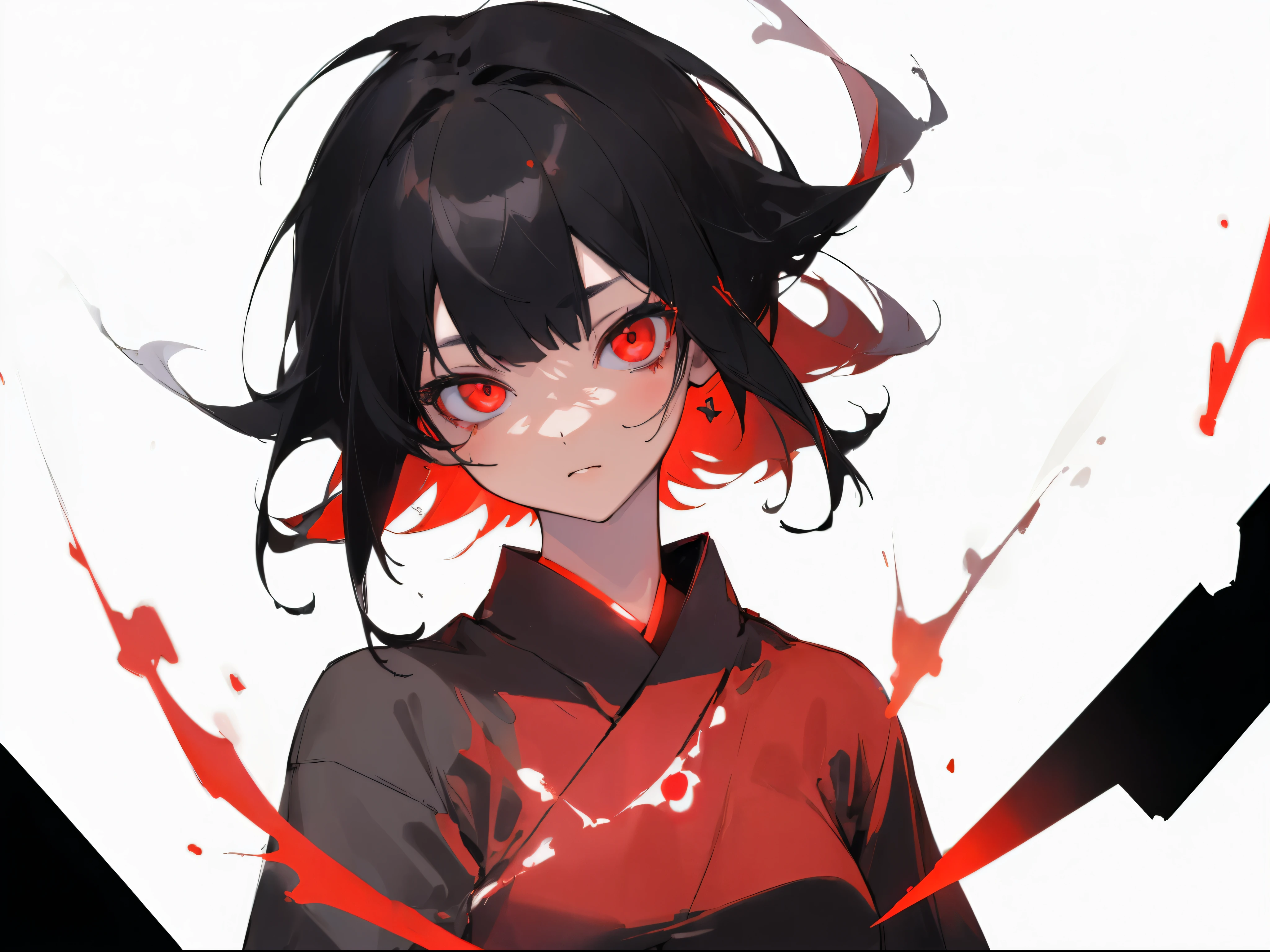 Chica anime con cabello negro y sangre roja salpicada alrededor de su  rostro. - SeaArt AI