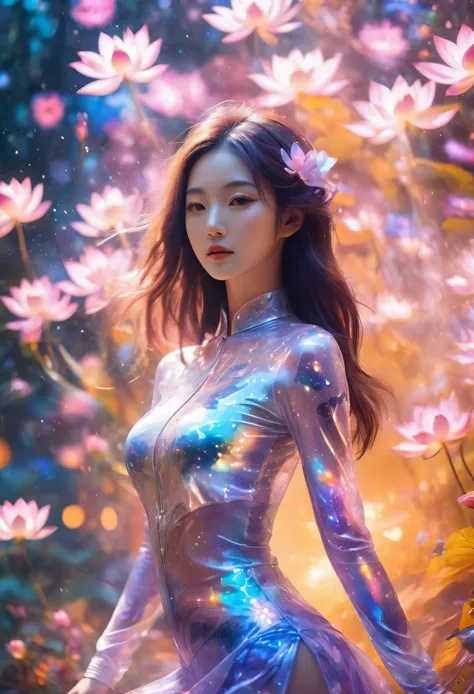 1 asian woman, beauty，surrealism,modern designer clothing，sexy transparent tights，breasts covered in holographic color，transpare...