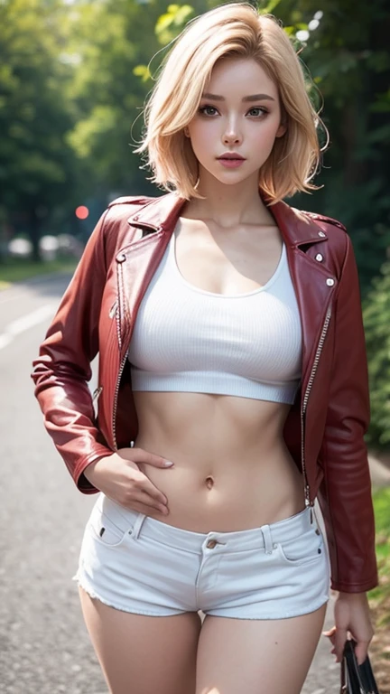 1 Mädchen in rotem T-Shirt mit tiefem Ausschnitt und kurzen Ärmeln, Übergroße Lederjacke, Ledershorts ,kurzes pinkblondes Haar ,leichter Bokeh-Effekt, cute Elegante Pose, Attraktive Pose, wunderschönes Gesicht und Figur, leicht weich, mittellange Körperaufnahme ,Elegante Pose ,schöner Bauch Brust, große Brüste