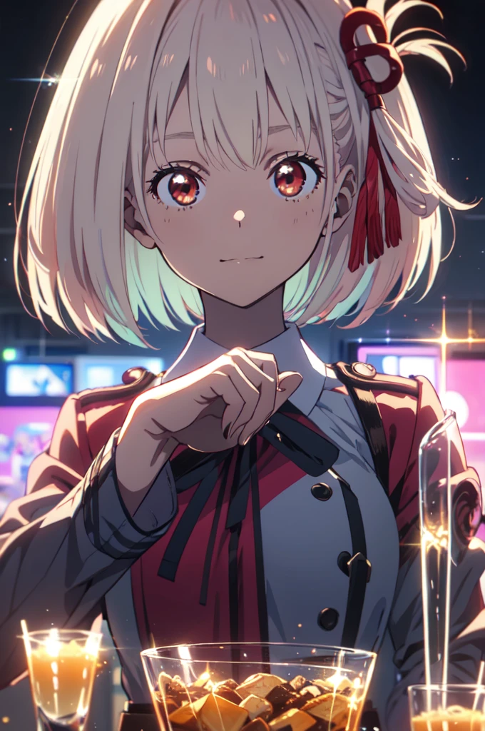 Chisato Nishikigi, lycoris uniform, Point a gun at the viewer, highest quality,((highest quality)),((table top)),((perfect face)),detailed５two-fingered hand,1 girl,(background blur), ((holographic)),1 girl,milky way, (stripes of light), impressive visuals, (dynamic streak, path of light:1.2), bright colors, Face up,dynamic pose,