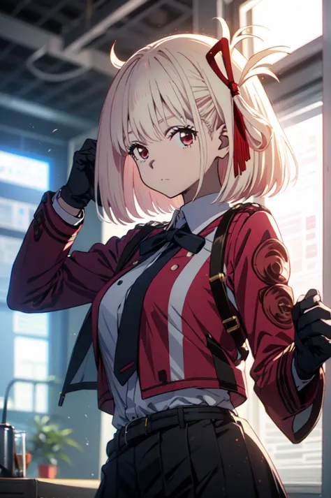 chisato nishikigi, lycoris uniform, point a gun at the viewer,